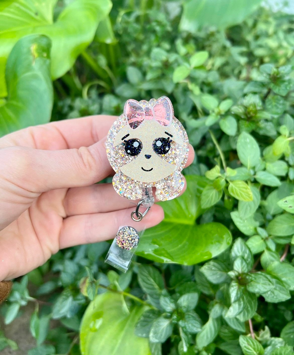 Glitter Baby Sloth Badge Reel with Pink Bow – Eleanor Rose Design Co