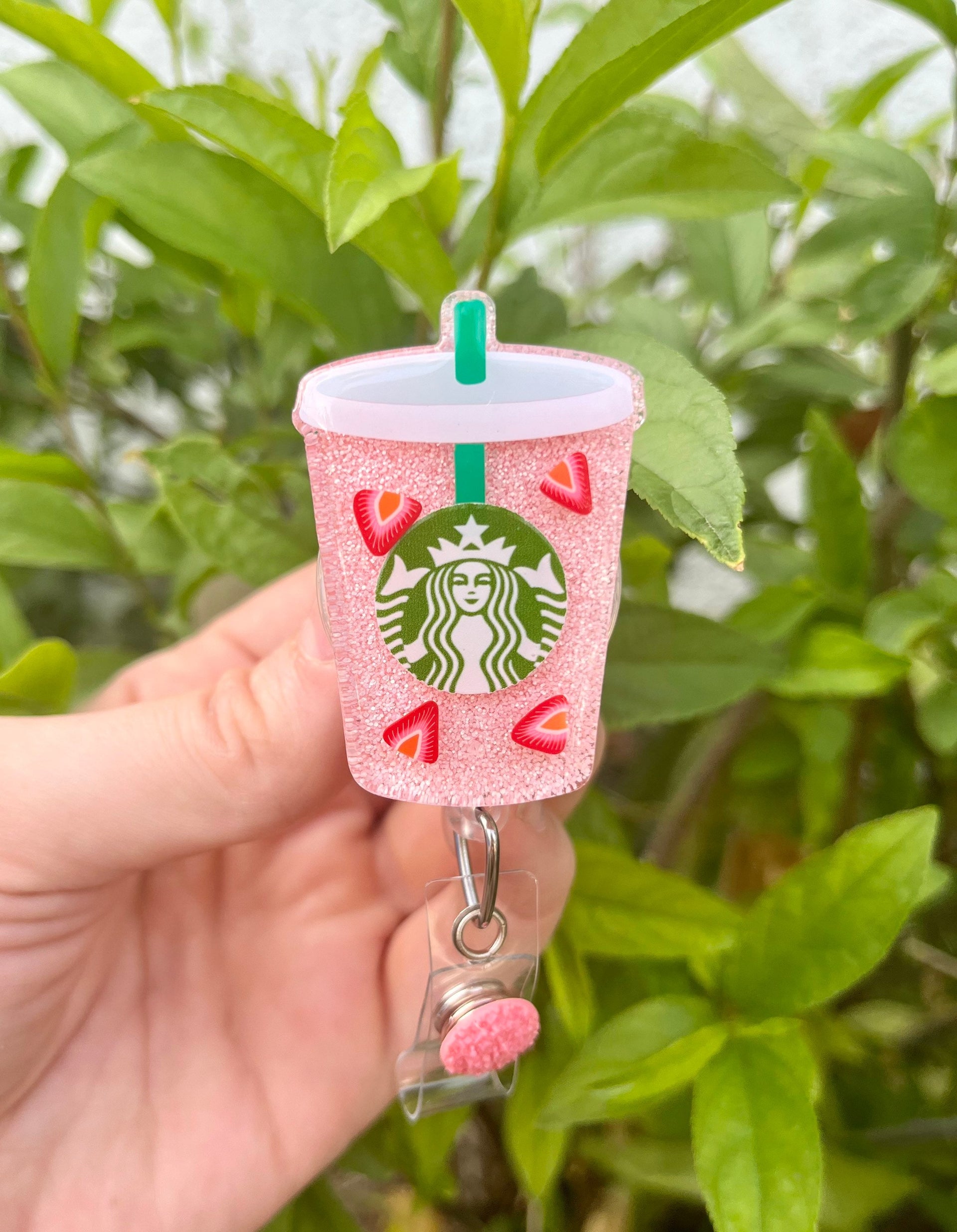 Iced Strawberry Glitter Pink Drink Badge Reel with Green Glitter Straw –  Eleanor Rose Design Co