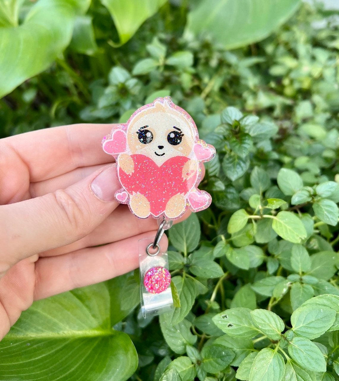 Glitter Baby Sloth Badge Reel Holding Red Heart – Eleanor Rose Design Co